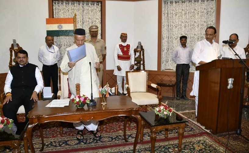 In a dramatic turn of events, Devendra Fadnavis on Saturday took oath as the Maharashtra Chief Minister along with NCP leader Ajit Pawar as his deputy. Maharashtra Governor Bhagat Singh Koshyari administered the oath of the two leaders at Raj Bhawan.
