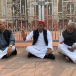 Akhilesh Yadav sits on dharna outside Vidhan Bhavan along with two other SP leaders