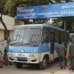 A police van carrying four men accused of the alleged rape and murder of a 27-year-old woman, leaves a police station in Shadnagar, on the outskirts of Hyderabad, November 30, 2019.
