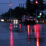 Traffic on the rain-washed Kazhakuttam-Kovalam stretch of the NH bypass at Eanchakkal in Thiruvananthapuram on Friday evening. Kerala has been receiving copious summer showers and the rainfall is likely to continue, according to IMD forecast.