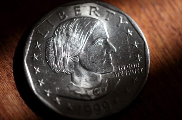 In this photo illustration, Susan B Anthony one dollar coins are displayed on August 18, 2020 in San Anselmo, California. On the 100th anniversary of 19th amendment, US President Donald Trump announced that he will pardon women's rights advocate Susan B Anthony, who was arrested for voting illegally in 1872.