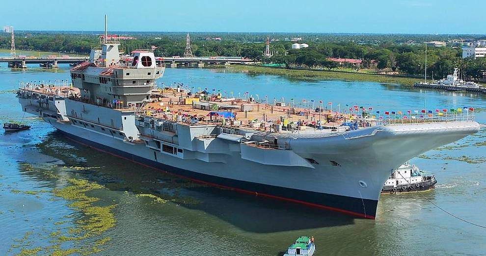 The Indian Navy's first indigenous aircraft carrier Vikrant under construction at Cochin Shipyard in Kochi.