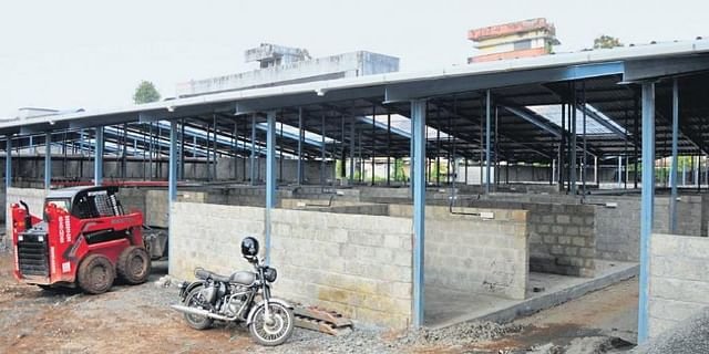 Construction works continuing at the temporary market for shifting merchants in Kochi on Wednesday