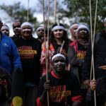 Aboriginal groups' members take part in a protest against what they say is a lack of detail and consultation on new heritage protection laws, after the Rio Tinto mining group destroyed ancient rock shelters for an iron ore mine last year, in Perth, Australia August 19, 2021.