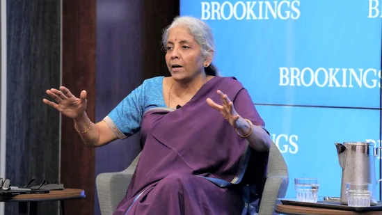 Union finance minister Nirmala Sitharaman speaks to scholars of The Brookings Institution in Washington on Tuesday,