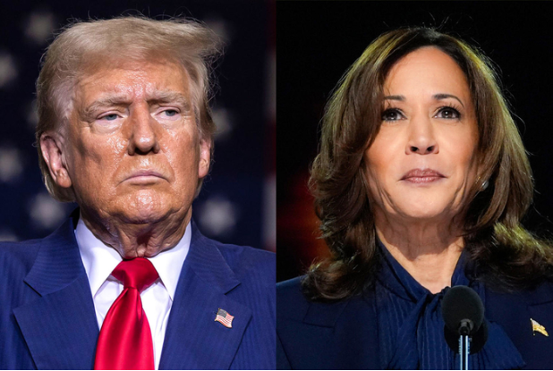 Chart showing recent polling results for the 2024 presidential race, with Kamala Harris and Donald Trump in a close contest. Harris leads slightly in some polls, but the margins are narrow and within the margin of error