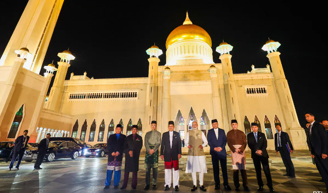 PM Narendra Modi visits Omar Ali Saifuddien Mosque in Brunei, inaugurates new Indian High Commission chancery, and meets local families.