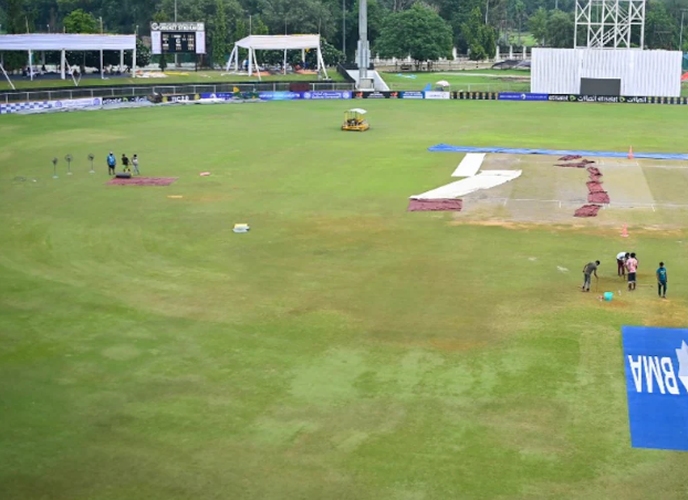 Pathik Sports Complex, Greater Noida, with unplayable wet patches, causing delays in Afghanistan vs. New Zealand Test.