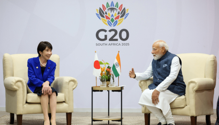 PM Narendra Modi meeting Japanese Prime Minister Sanae Takaichi at the G20 Summit to discuss bilateral cooperation.