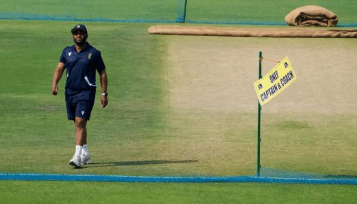 South Africa captain Temba Bavuma inspecting the Eden Gardens pitch in Kolkata before the India vs South Africa Test, November 2025.